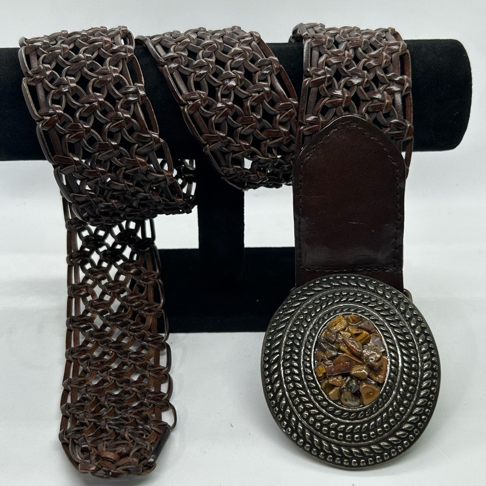 Women’s Boho Woven Leather Belt With Bronze Tone Stone Detail Buckle Size Large